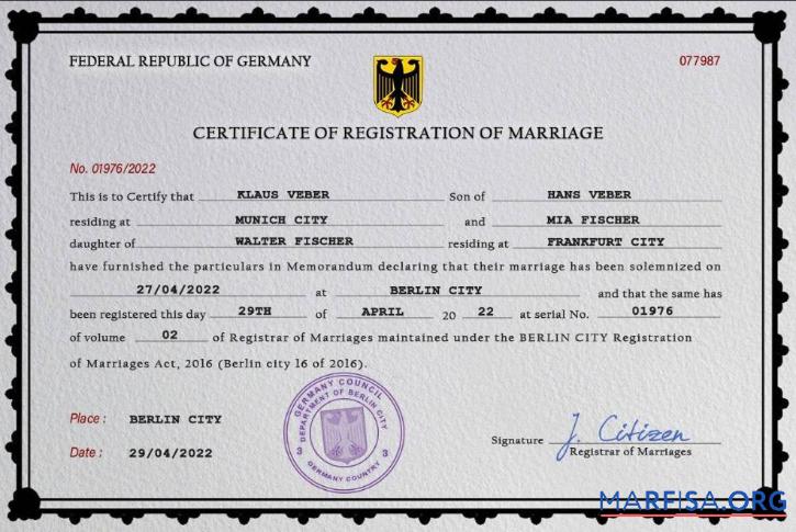 Printable Germany marriage certificate PSD template